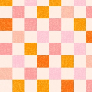2'' square checkered in orange tangerine chrome yellow peach coral pink cool powder blush on cream white | wavy linen gauze texture   