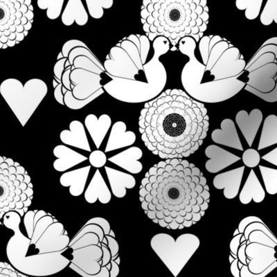 Wedding Doves and Hearts - White on Black - Large Scale