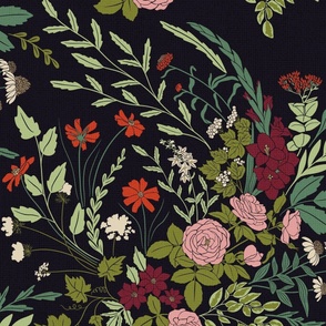 My Dreamy Botanical Floral Garden- colorful garden on dark with ivory 