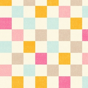2'' square cheerful checkered colorful warm pastels mustard yellow baby blue taupe pink magenta on cream white | wavy linen gauze texture