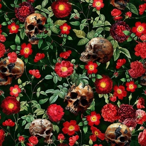 18" Antique dark academia  Goth Nightfall: A Vintage Floral Rose Pattern with Horror Skulls,Leaves Flowers   - halloween skull aesthetic dark green leaves wallpaper - black