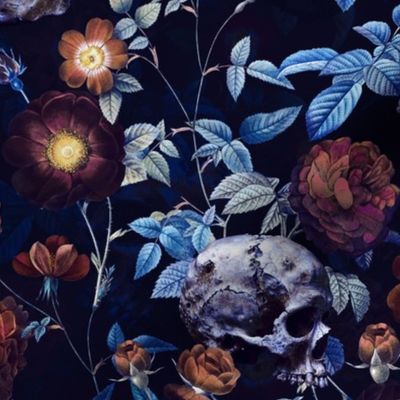 18" Antique dark academia  Goth Nightfall: A Vintage Floral Rose Pattern with Horror Skulls,Leaves Flowers   - halloween skull aesthetic dark green leaves wallpaper - sepia night black