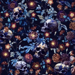 18" Antique dark academia  Goth Nightfall: A Vintage Floral Rose Pattern with Horror Skulls,Leaves Flowers   - halloween skull aesthetic dark green leaves wallpaper - sepia night black