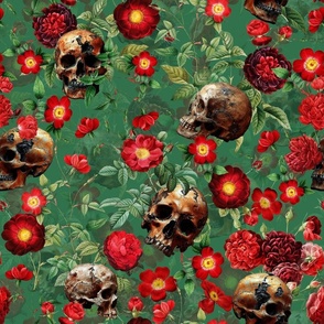 18" Antique dark academia  Goth Nightfall: A Vintage Floral Rose Pattern with Horror Skulls,Leaves Flowers   - halloween skull aesthetic dark green leaves wallpaper - green