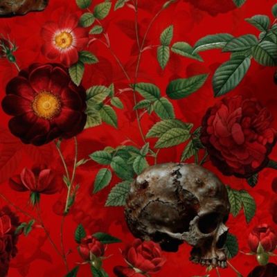 18" Antique dark academia  Goth Nightfall: A Vintage Floral Rose Pattern with Horror Skulls,Leaves Flowers   - halloween skull aesthetic dark green leaves wallpaper - red