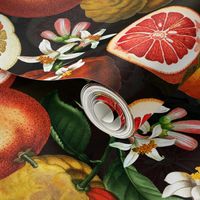  14" Fresh orange lemonade - colorful summer watercolor citrus fruit dance -  antique hand painted orange fruit and leaves home decor  - black