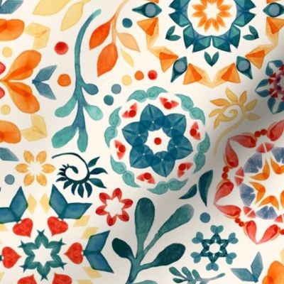 Watercolor Kaleidoscope Floral Custom Request Teal and Orange Medium Print