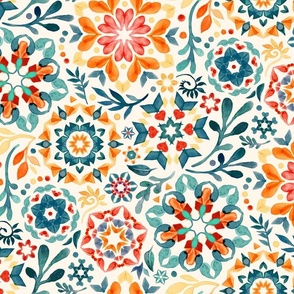 Watercolor Kaleidoscope Floral Custom Request Teal and Orange Medium Print