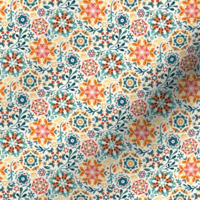 Watercolor Kaleidoscope Floral Custom Request Teal and Orange Microprint