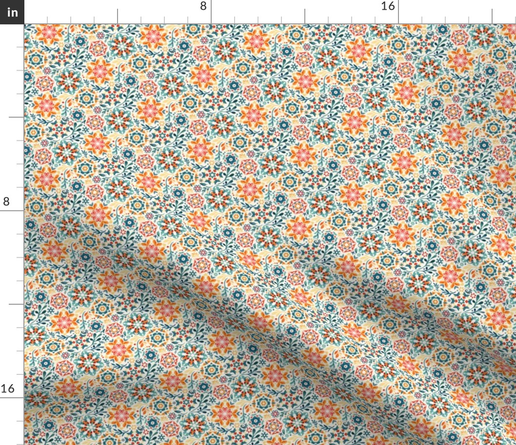 Watercolor Kaleidoscope Floral Custom Request Teal and Orange Microprint