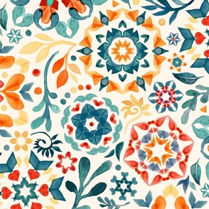 Watercolor Kaleidoscope Floral Custom Request Teal and Orange Large Print