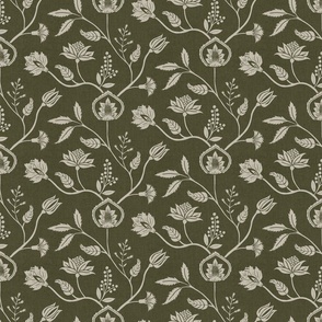 Block print chintz florals olive green and cream textured - medium scale