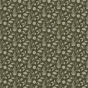 Block print chintz florals olive green and cream textured - small scale