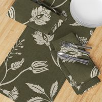 Block print chintz florals olive green and cream textured - large scale