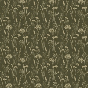 Printed pressed wildflowers rustic textured olive green - small scale