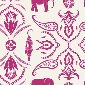 Jungle damask elephants tigers and ornaments white hot pink - large scale