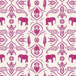 Jungle damask elephants tigers and ornaments white hot pink - medium scale