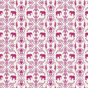 Jungle damask elephants tigers and ornaments white hot pink - small scale