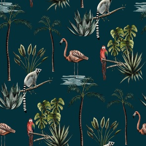 Jungle madagascar animals and botanicals teal green - large scale
