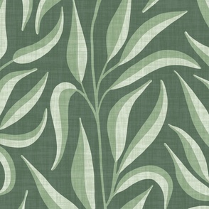 L. Climbing leafy vines in Scandinavian Style, japandi foliage. Large scale | Rich forest green leaves on textured green