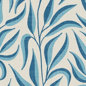 L. Climbing leafy vines in Scandinavian Style, japandi foliage. Large scale | Calming blue leaves on textured cream white