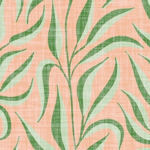 L. Climbing leafy vines in Scandinavian Style, japandi foliage. Large scale | Soft green leaves on textured peach pink