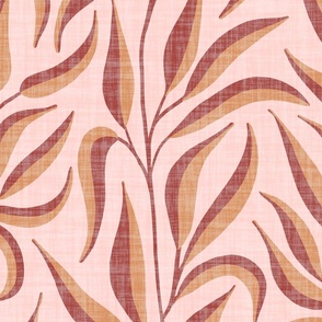 L. Climbing leafy vines in Scandinavian Style, japandi foliage. Large scale | vibrant coral leaves on textured pink
