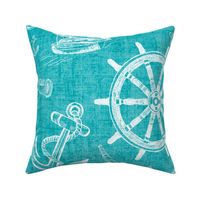 Nautical Sketches  Coastal Design on Teal Linen Texture Background, Medium Scale for Wallpaper