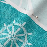 Nautical Sketches  Coastal Design on Teal Linen Texture Background, Medium Scale for Wallpaper