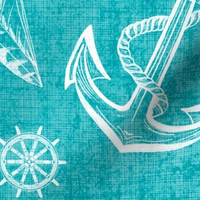 Nautical Sketches  Coastal Design on Teal Linen Texture Background, Medium Scale for Wallpaper