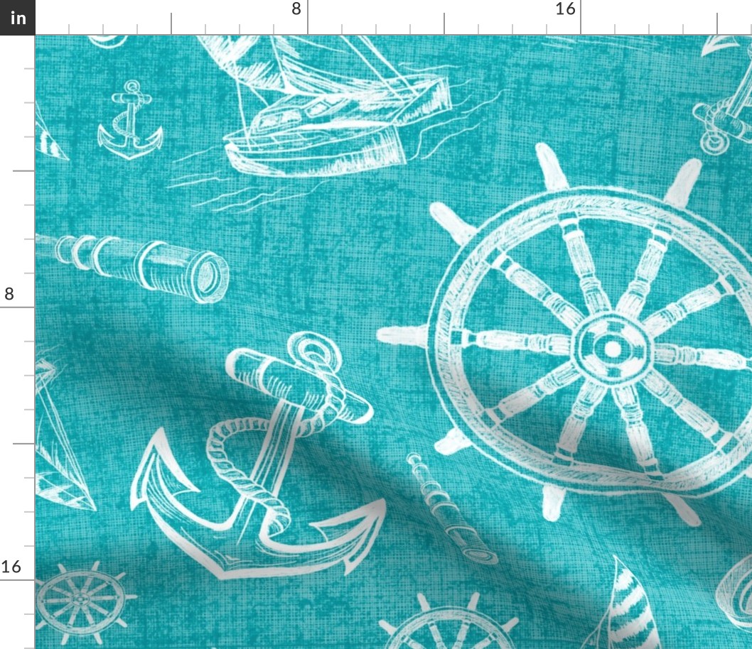 Nautical Sketches  Coastal Design on Teal Linen Texture Background, Medium Scale for Wallpaper