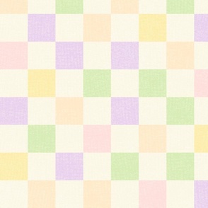 2'' square cheerful checkered colorful warm pastels delicate sage green lilac pink peach yellow on cream off white check | wavy linen gauze texture