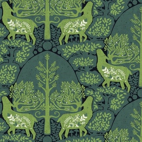 (medium) scandinavian forest deer damask wallpaper pine green