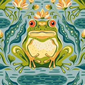 Big size. Ornate wild frog on the pond