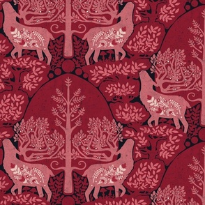 (medium) scandinavian forest deer damask wallpaper red