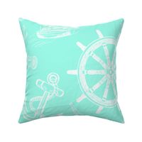 Nautical Sketches  Coastal Design on Mint Background, Medium scale for wallpaper