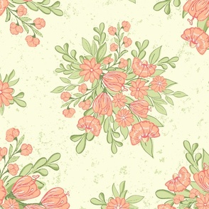 Large Scale Peach Orange and Pastel Green Spring Flowers