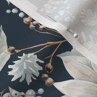 White winter flowers on dark blue background
