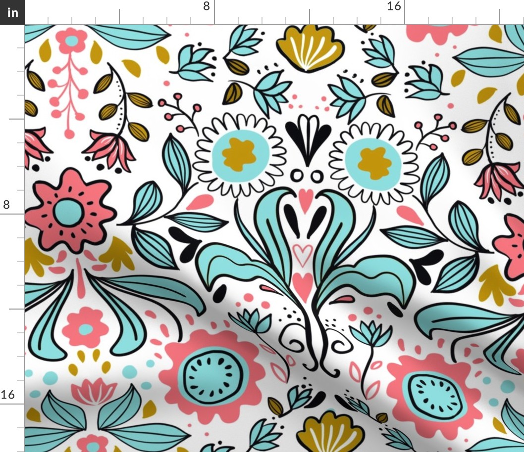 scandi folk flowers teal black white pink