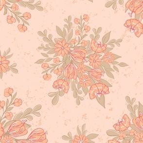Large Peach Orange and Olive Green 2024 Floral Print