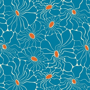 Abstract Daisy Floral - Retro Flower Whimsy - Blue + Eggshell + Orange
