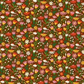 Retro 60s 70s Boho Whimsy Floral - Neutral Flowers - Brown + Pink + Green + Yellow