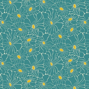 Abstract Daisy Floral - Retro Flower Whimsy - Teal Blue + Eggshell + Yellow / Orange