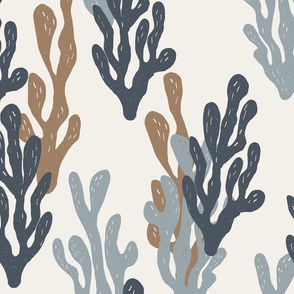Large - Blue and brown sea plants on cream background