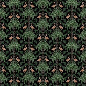 Palm Trees and Flamingo - Art Deco Tropical Damask - black - faux gold foil - small scale