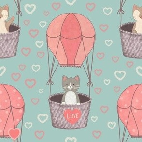 Hot air balloon Valentine’s Day cats teal version