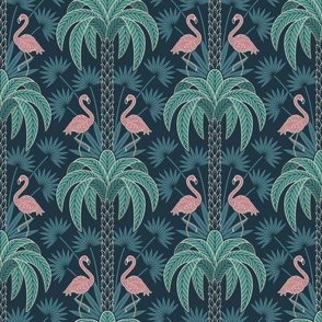 Palm Trees and Flamingo - Art Deco Tropical Damask - deep muted navy blue teal - faux gold foil - medium scale