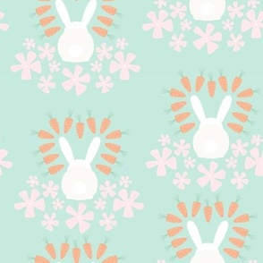 Easter Bunnies With Carrots and Spring Flowers on Mint Green