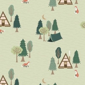 Woodland Retreat with Cozy cabins, canoes, camping tents, and playful foxes
