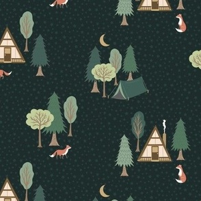 Woodland Retreat at night with Cozy cabins, canoes, camping tents, and playful foxes